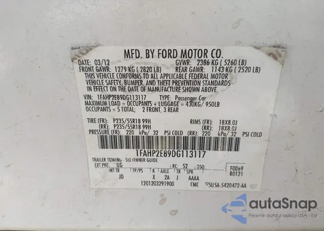 2013 Ford Taurus Sel z USA, uszkodzony, nr VIN 1FAHP2E89DG113117